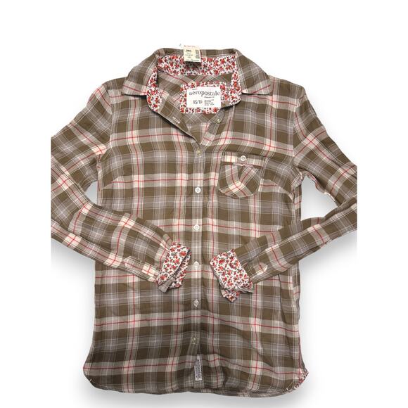 NWT Aéropostale Pink/Taupe Plaid Button Down W/ Floral Cuff Size Xs - Picture 4 of 13